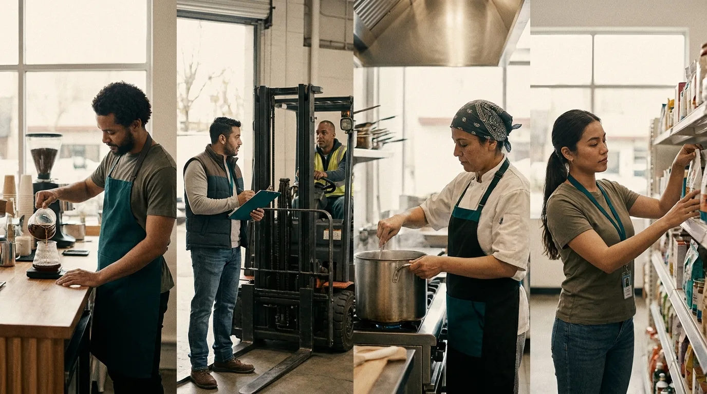 Frontline workers mid-shift — barista, warehouse, kitchen, retail
