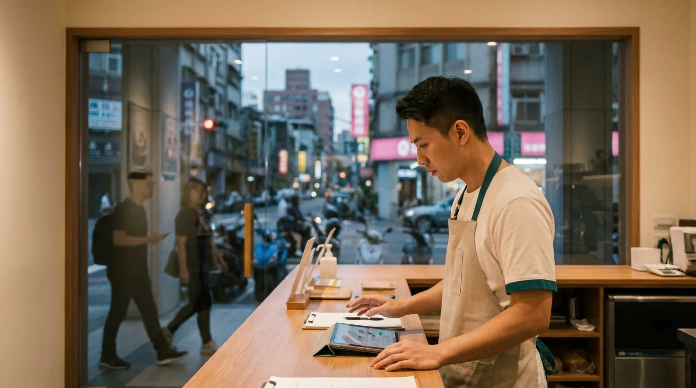 Taiwanese storefront staff arranging shifts on a tablet, Taipei street outside