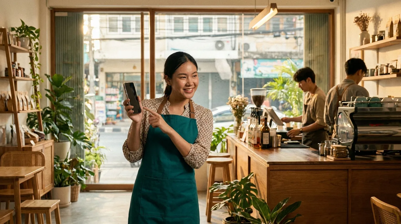 Thai cafe shift manager checking the schedule on her phone