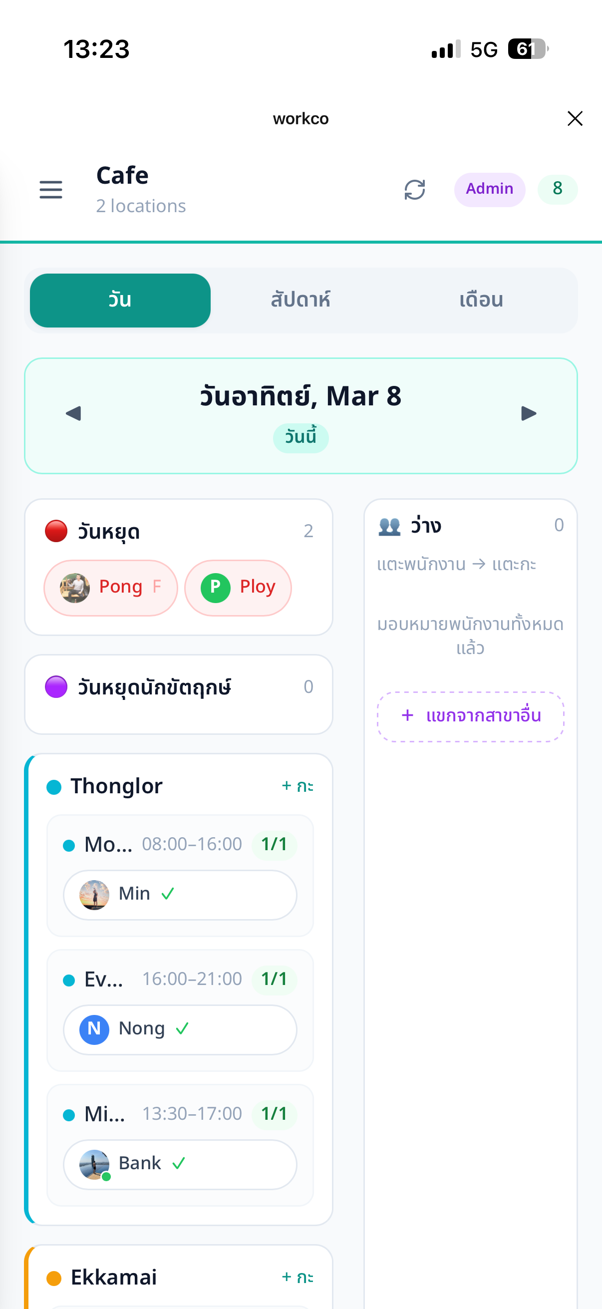 WorkCo daily schedule view showing shift assignments for Cafe with multiple locations