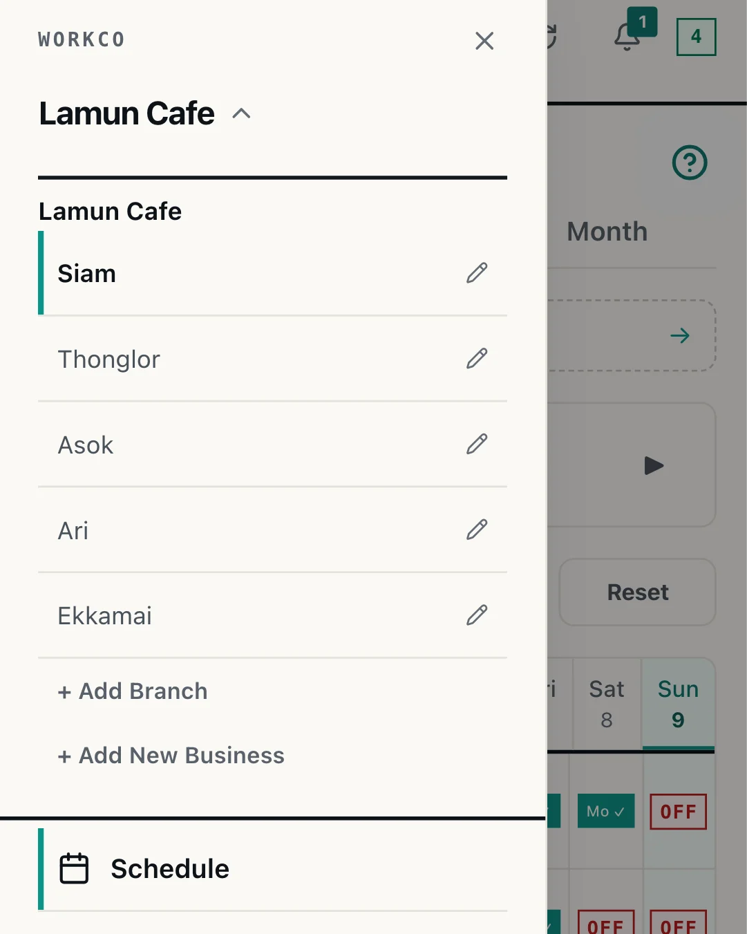 The WorkCo menu open on the branch list, showing all five branches of one cafe