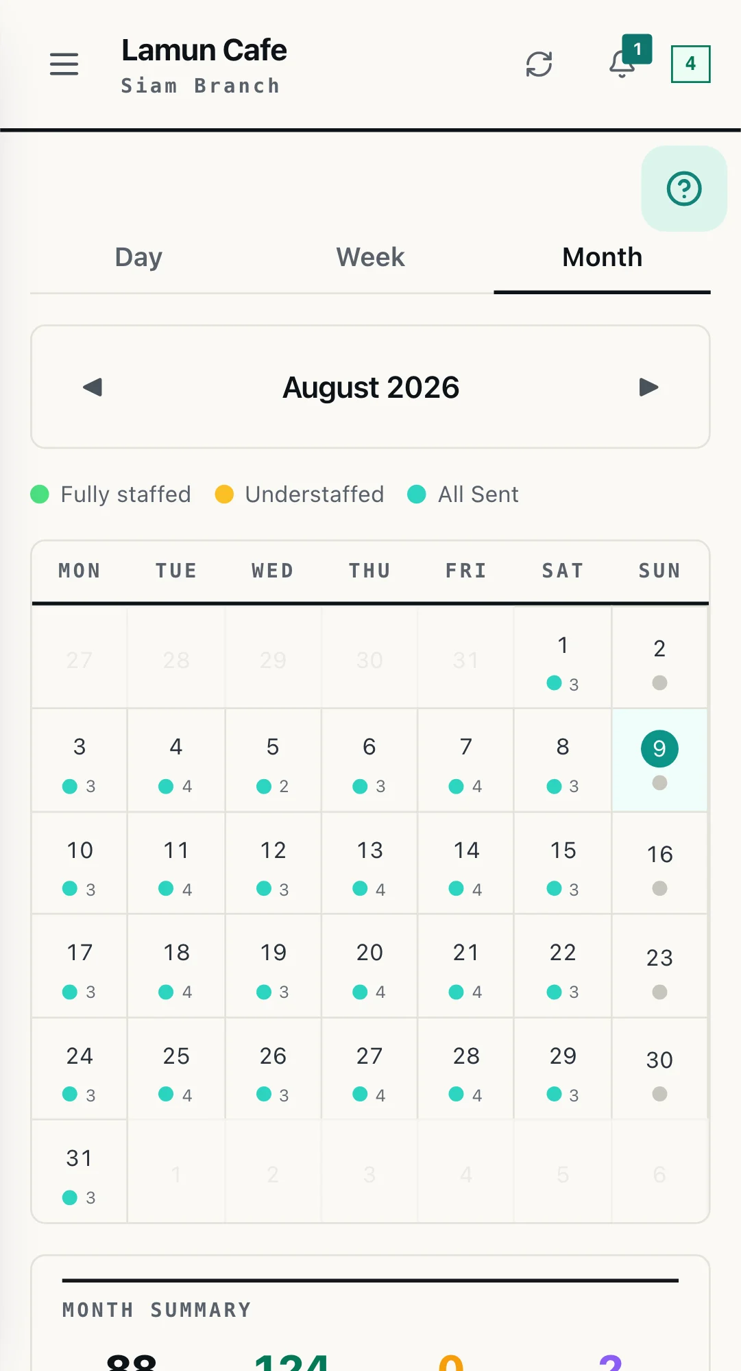 WorkCo month view of a branch, each day marked with the number of staff scheduled