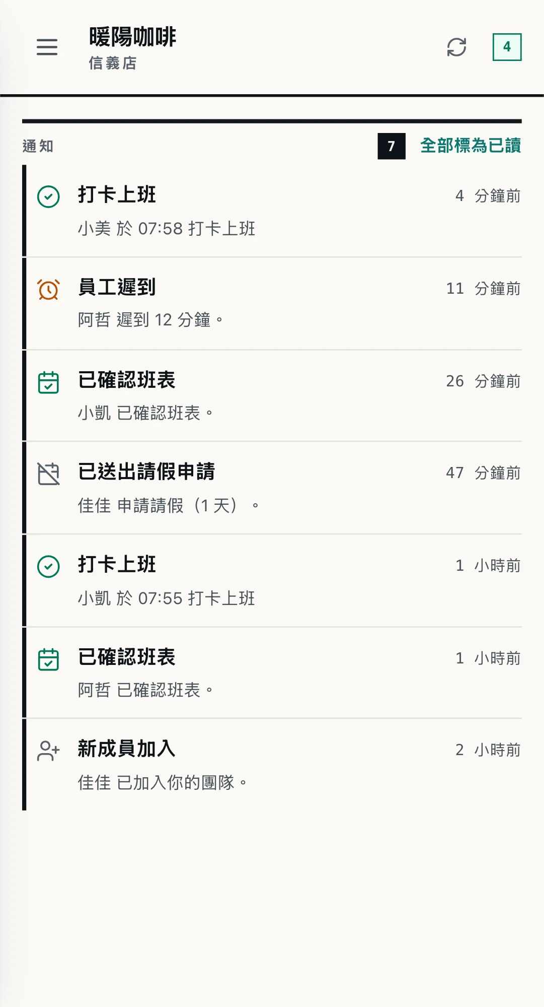 WorkCo 通知中心：打卡、遲到打卡、班表確認與請假申請