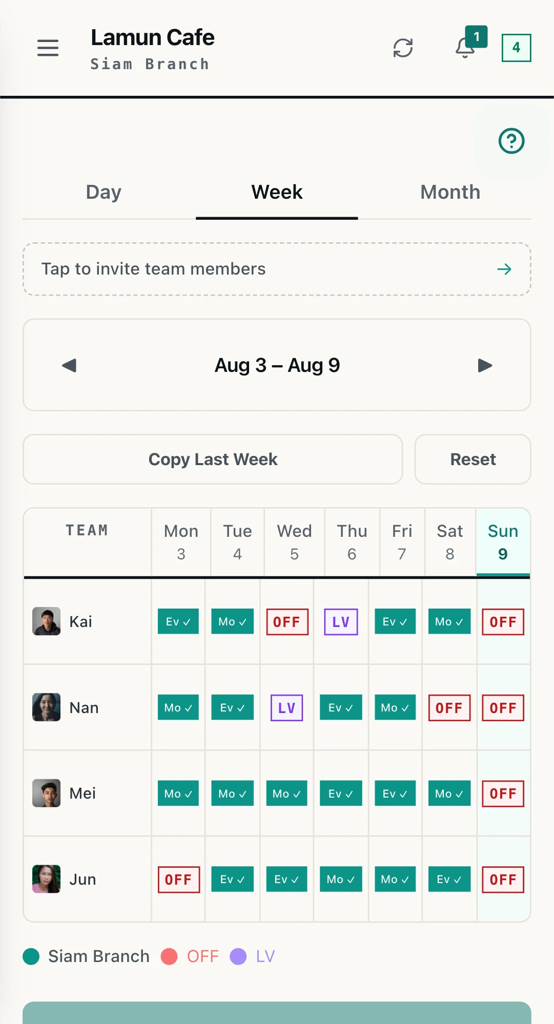 The WorkCo weekly schedule: four staff, morning and evening shifts, days off and leave from Monday to Sunday