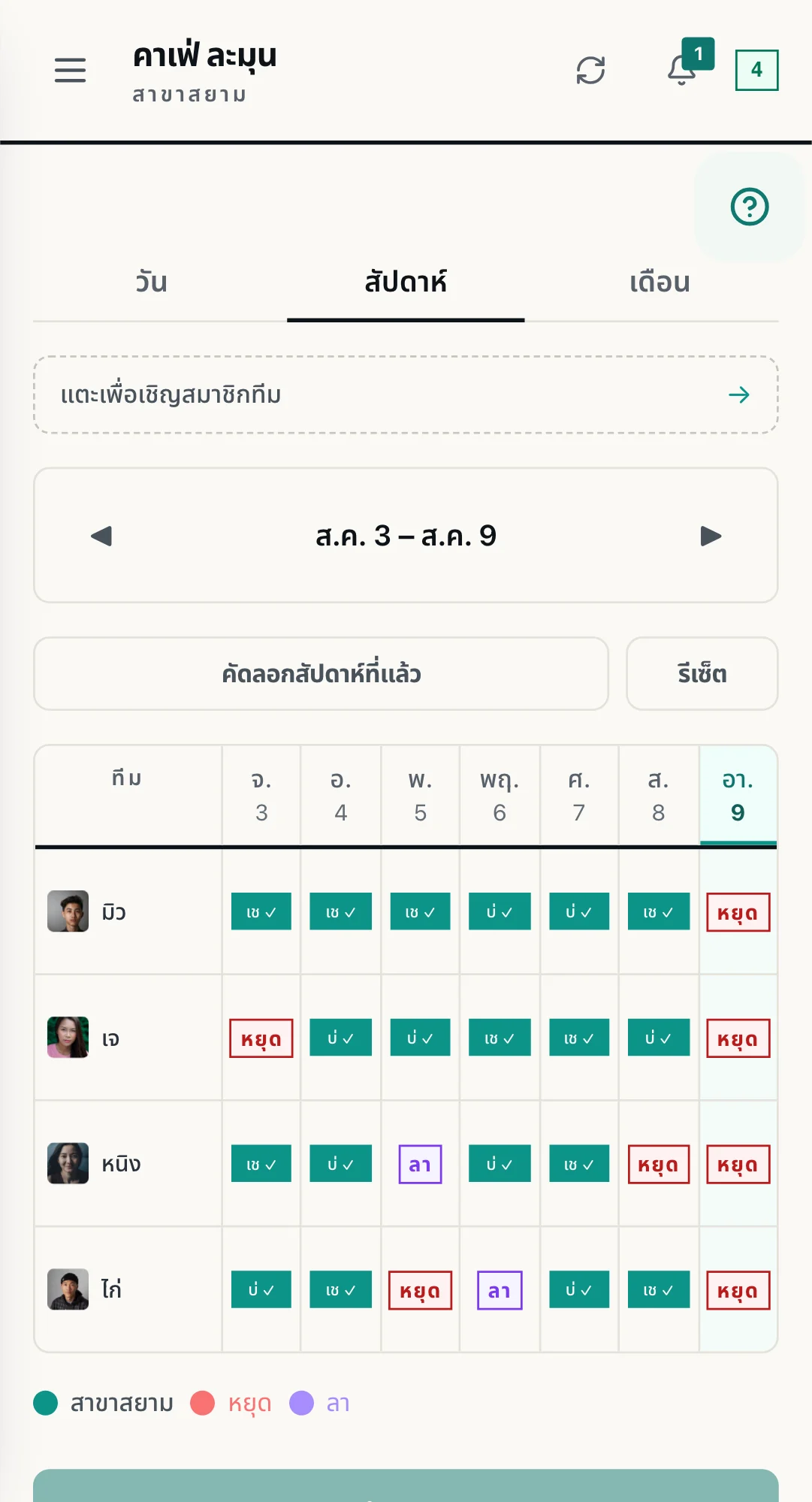ตารางกะรายสัปดาห์ของสาขาใน WorkCo
