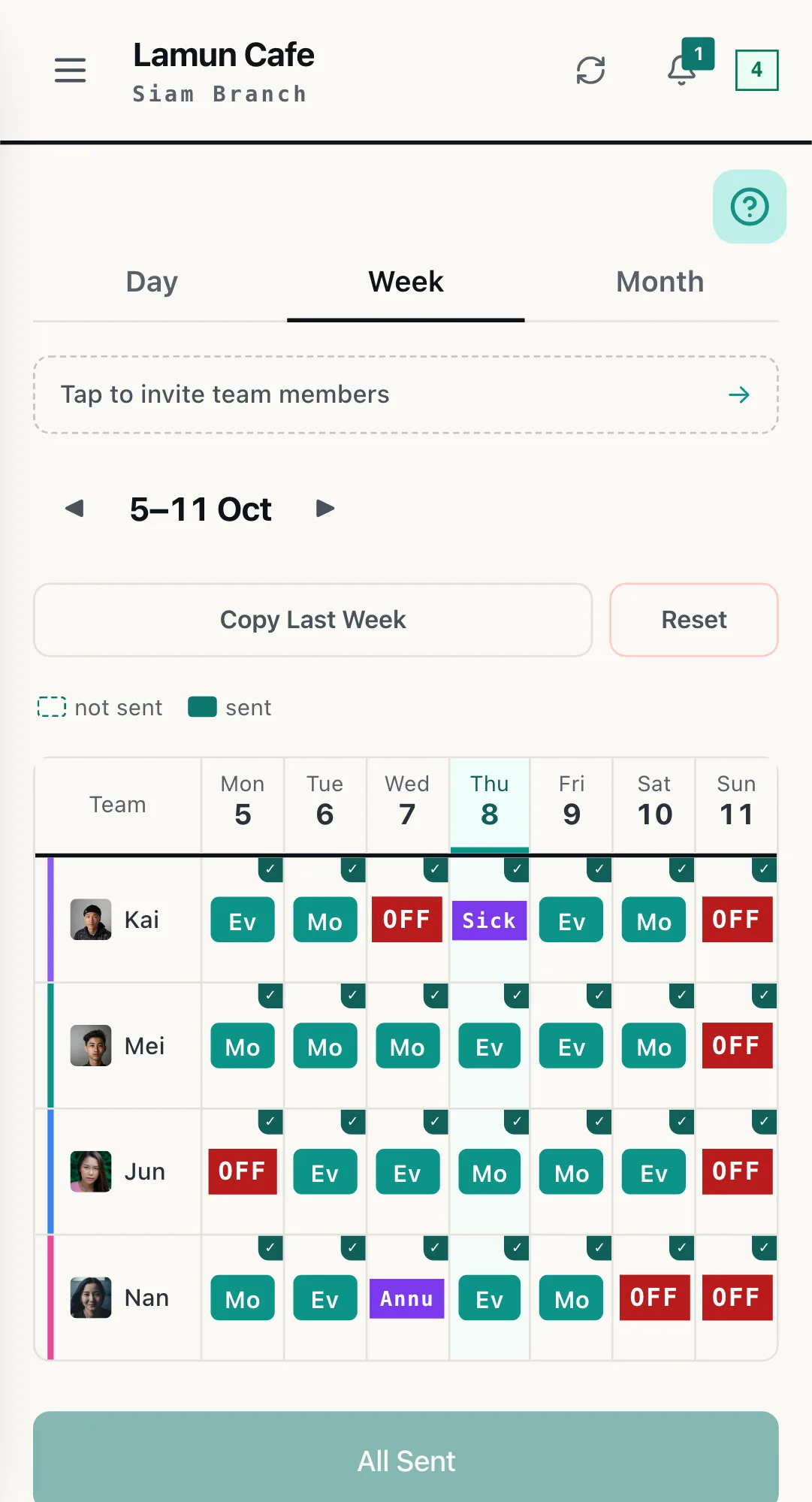 The WorkCo weekly schedule screen: a week of shifts for four staff, with Copy Last Week