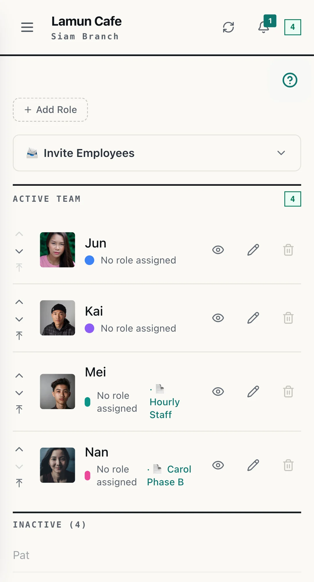 WorkCo team screen listing staff, their roles and who is still active