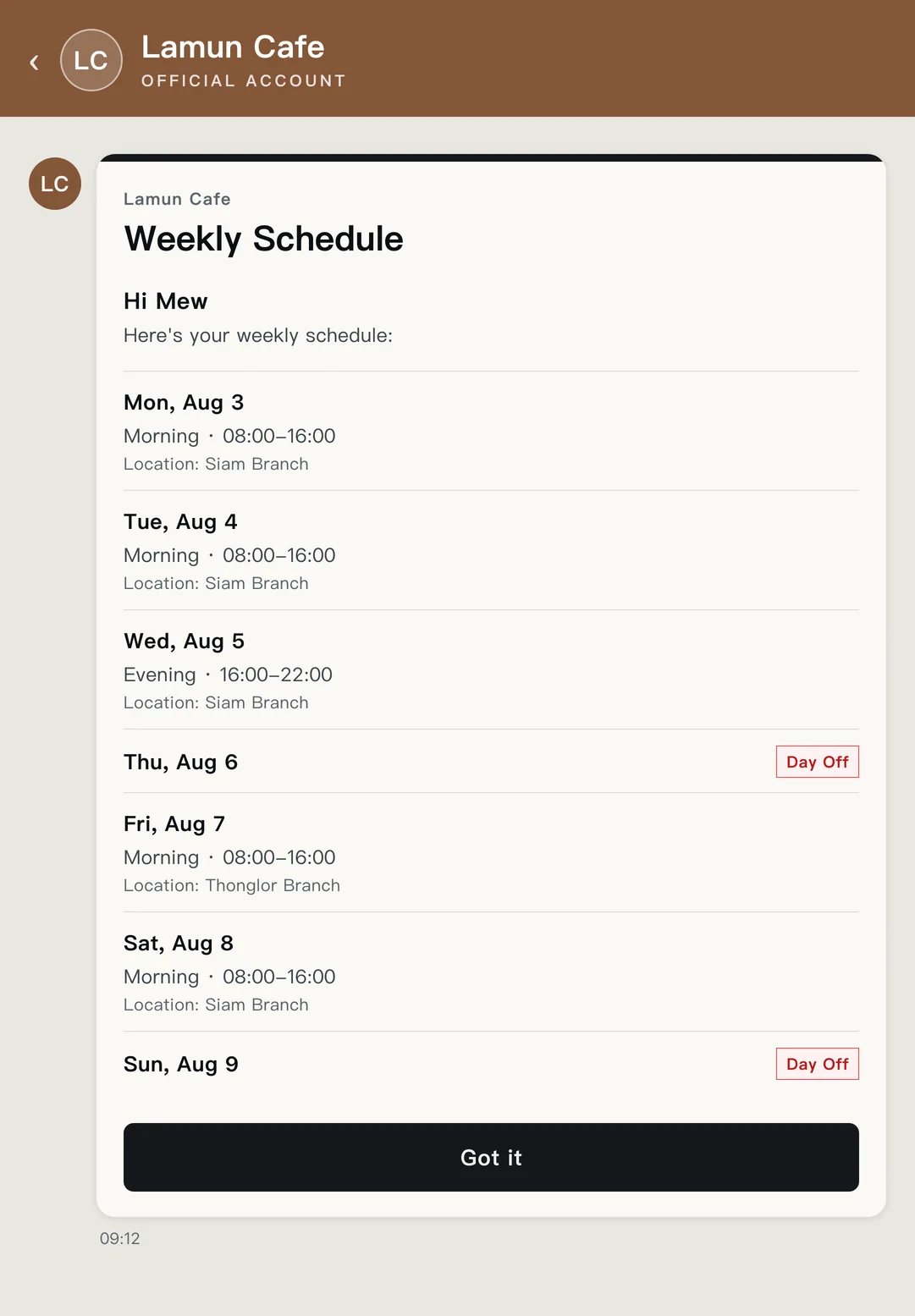 A shop's own LINE Official Account chat, with the weekly schedule card sent to one staff member, shift and branch day by day