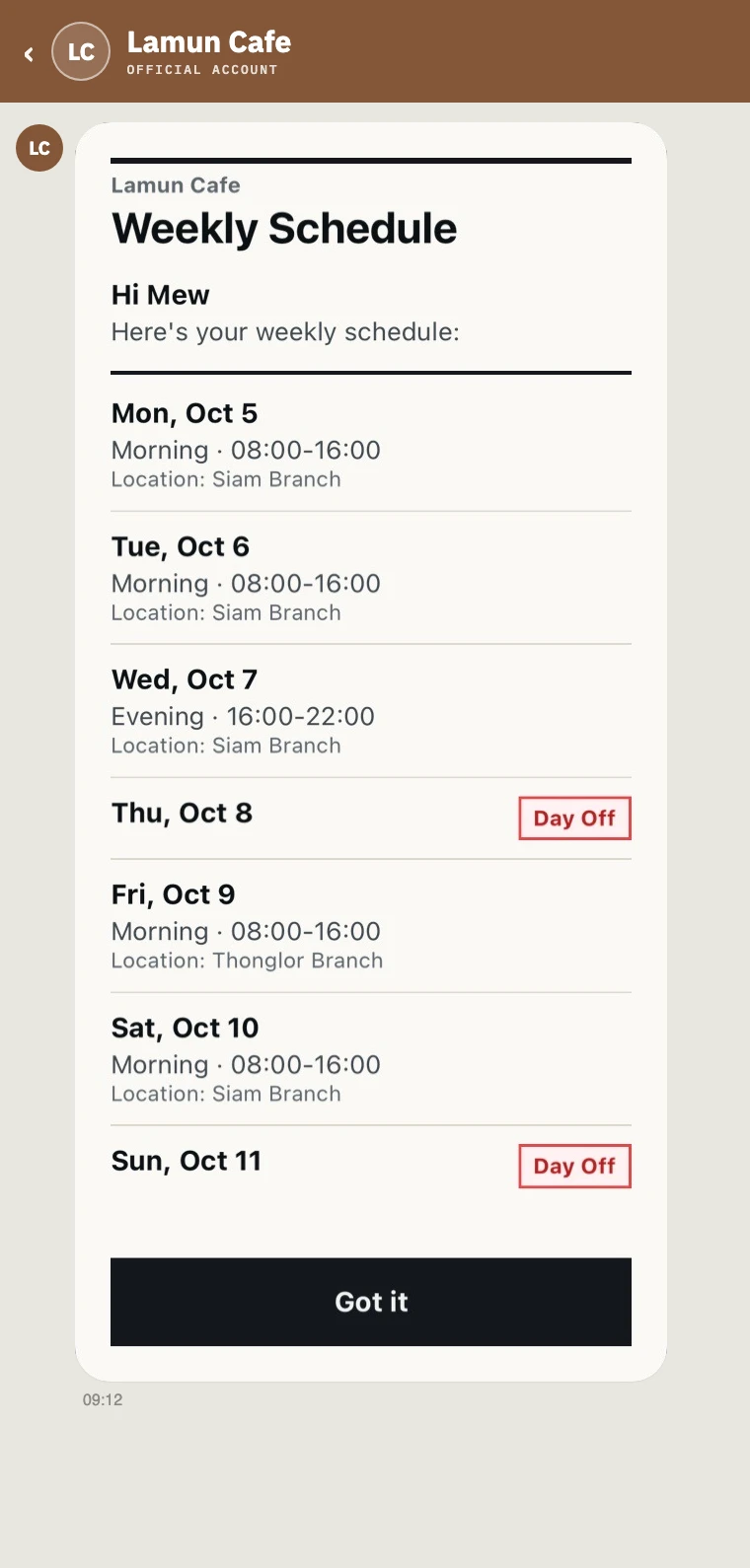 A shop's own LINE Official Account chat, with the weekly schedule card sent to one staff member, shift and branch day by day